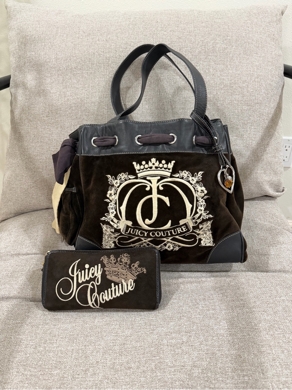 Juicy Couture Brown Velvet Tote with Cream Embroidered Crest and Wallet